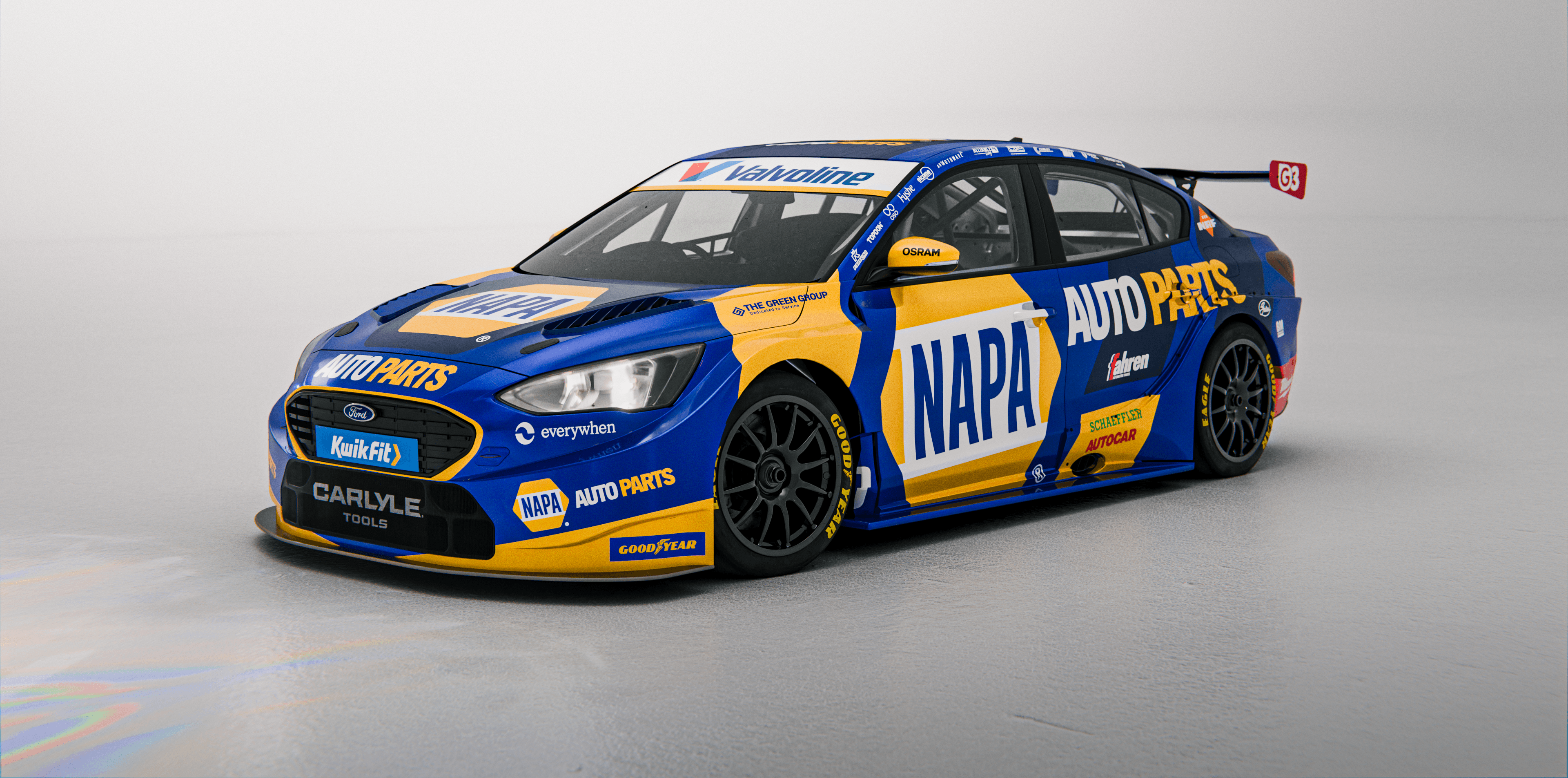 A Ford Focus Titanium saloon car homologated for the British Touring Car Championship dressed in NAPA livery